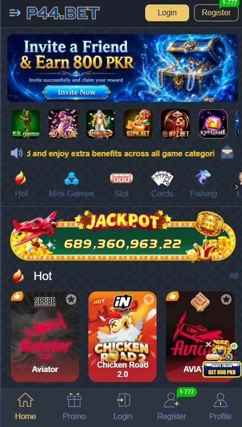 P44 Bet Game Interface, login and bonus